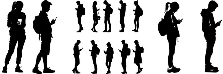 People holding using mobile phones set Characters with smartphones in hands Men women use cellphones surfing internet chatting Flat graphic vector illustrations black and white - obrazy, fototapety, plakaty