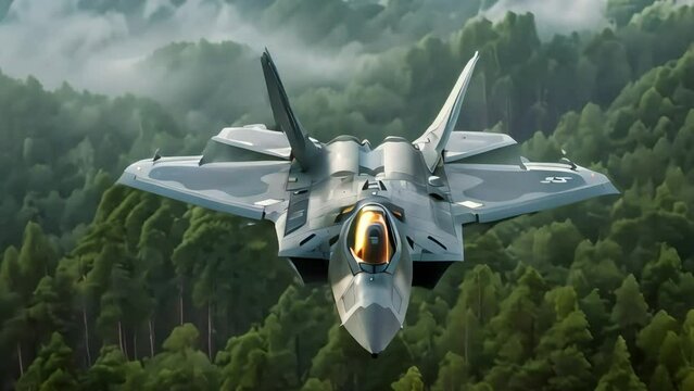 An F-22 flies over a lush green forest. Generative AI