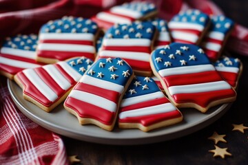 Patriotic cookies for 4th of July on a wooden background in a white plate. With scattered stars - obrazy, fototapety, plakaty
