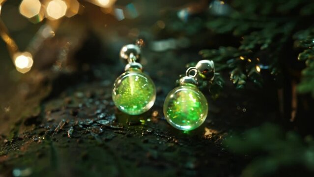 A pair of dainty earrings feature small clear beads filled with luminescent pigments that give off a soft green glow in dim lighting.