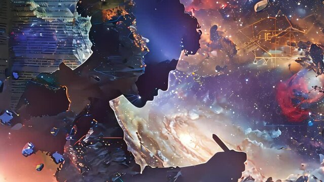 A collage showing a silhouette of a writer writing a story set in space, infinite space, science, and the future. Generative AI