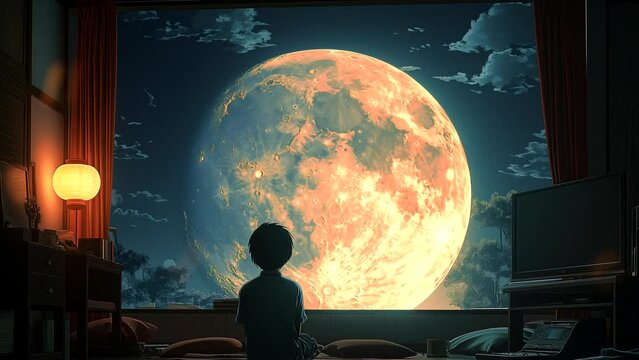 Boy looking at the moon from inside the window of her house. seamless looping 4k time-lapse animation video background