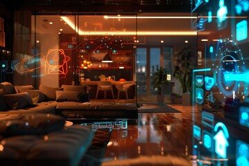 A futuristic smart home setup with interconnected devices controlling lighting, security, and temperature.