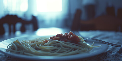 Prato de espaguete com molho de tomate encorpado - obrazy, fototapety, plakaty