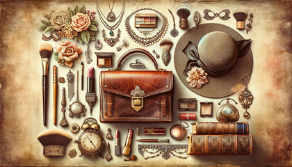 Vintage collage featuring a collection of elements on a classic, elegant bag and hat for Mother's Day; vintage jewelry, make-up, flowers, books and watches