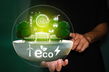 Eco green industry clean emission, ecosystem reduction atmosphere, greenhouse dioxide carbon co2 battery leaf natural windmill, industrial energy saving green energy recycle electrical tree technology