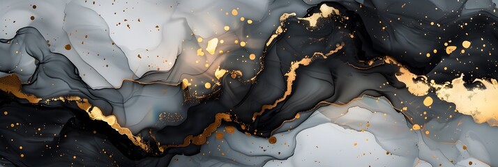 Fototapeta premium Alcohol Ink Art in Black And White with Gold Metallic Pigment