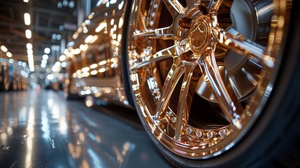 Against the backdrop of a sleek automotive showroom a gleaming car wheel takes center stage - obrazy, fototapety, plakaty