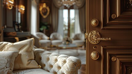 Against the backdrop of a classic interior design scheme rich with ornate details and sumptuous textures - obrazy, fototapety, plakaty