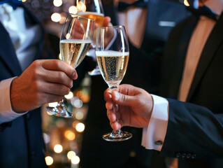 Closeup of two men in tuxedoes toasting at a formal party