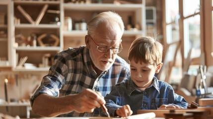 Grandfather showing young grandson how to build a wooden bird house
