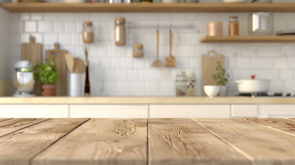 Obraz premium Kitchen backdrop, product shot, wooden table top in foreground with blurred kitchen items in background