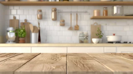 Foto auf Acrylglas Kitchen backdrop, product shot, wooden table top in foreground with blurred kitchen items in background © Vivid Pixels