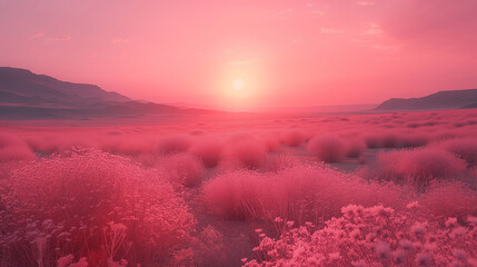 夕日に照らされてピンク色に染まった世界