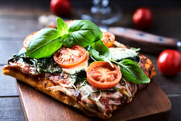 Open-faced toasted cheese sandwich with cherry tomatoes, spinach and fresh basil. Brown wooden background.	