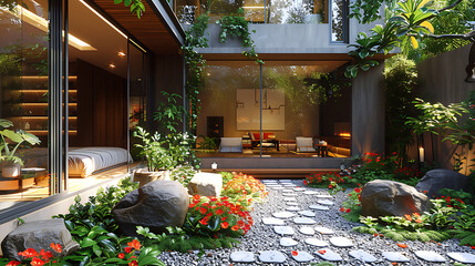 Fototapeta na wymiar A sleek, contemporary home courtyard showcases a meticulously designed Japanese garden, blending minimalist aesthetics with natural elements. Generative AI illustration 