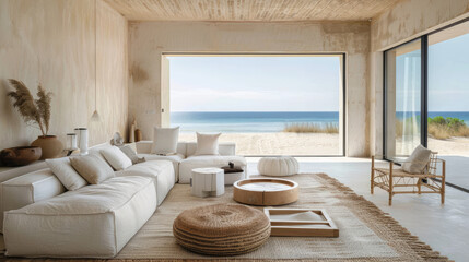 Minimalist living room with white sofa, natural fiber carpet and wooden elements with beachfront views