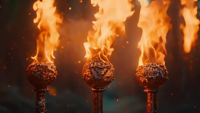 group of fire torches, fire torches at night, dark background