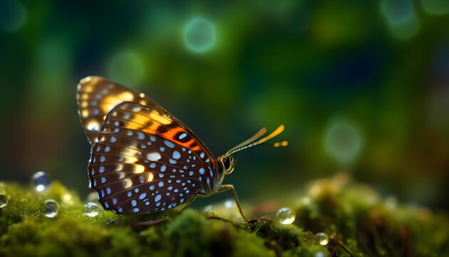 A close-up photo of a butterfly on a moss with dew drops, with a moon in the background 