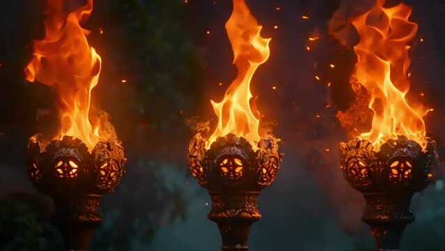 group of fire torches, fire torches at night, dark background