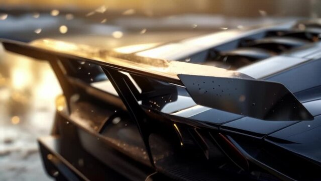 A slowmotion shot focuses on the back of a car where vortex generators are mounted on the rear spoiler. These devices help to create a more stable and downforceinducing airflow