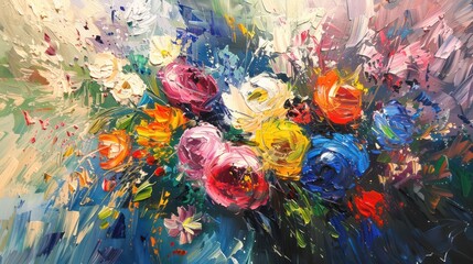 A burst of color defines this impasto oil painting with thick, textured brush strokes creating an abstract floral scene