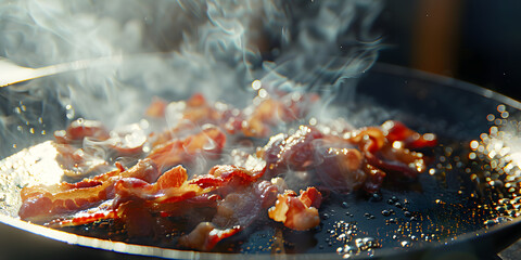Tiras de bacon fritando em uma frigideira - obrazy, fototapety, plakaty