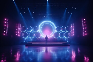Concert stage with illuminated spotlights. 