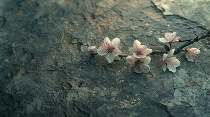 Cherry blossom twigs lay delicately on a rugged stone textured surface, heralding the gentle arrival of spring. - obrazy, fototapety, plakaty