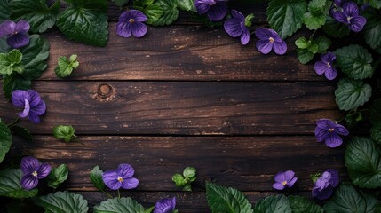 Against a dark, rustic wooden background, purple pansies bloom, their delicate beauty contrasting beautifully with the rugged texture, creating a captivating display of nature's charm.
