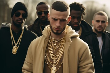 Caucasian white rapper wearing gold chains on a street - obrazy, fototapety, plakaty
