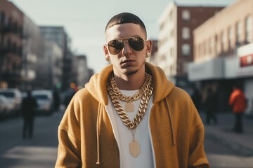 Caucasian white rapper wearing gold chains on a street - obrazy, fototapety, plakaty