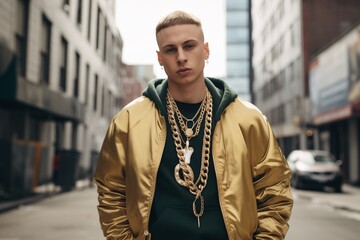 Caucasian white rapper wearing gold chains on a street