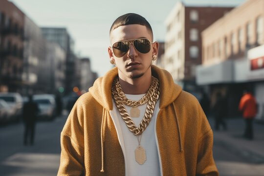 Caucasian white rapper wearing gold chains on a street