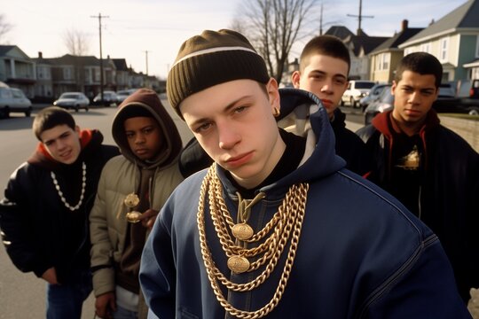 Caucasian white rapper wearing gold chains on a street