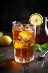 Iced Tea with Lemon Cocktail in a Glass, Resting on a Wooden Table. Refreshing Summer Beverage