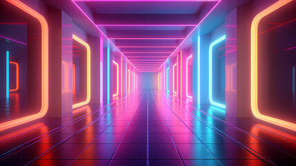 Glowing corridor background, modern corridor illuminated by neon lights