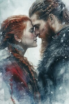 A Viking couple share a tender moment in a snowy landscape, their faces close as snowflakes fall, illustrated with a realistic watercolor technique