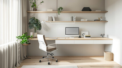 White minimalist home office with floating desk and ergonomic chair