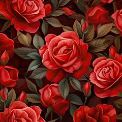 Seamless Pattern of Red Roses, Abstract Watercolor Background