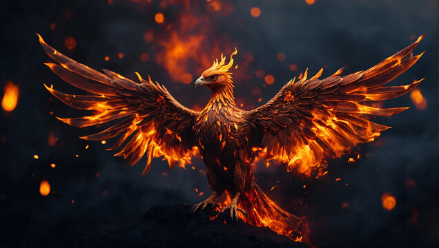 Illustration of fiery phoenix soaring with volcano bokeh behind.
