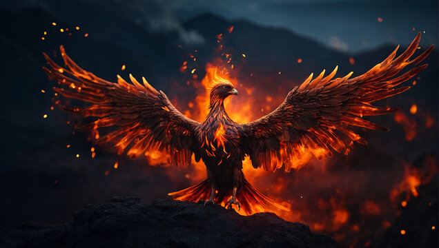 Flame phoenix illustration, wings spread, bokeh volcano backdrop.