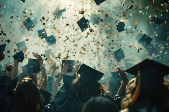 Graduation celebration at the university. Graduation caps thrown into the air