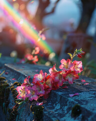 Flowers on a grave with a rainbow backdrop Memorial Day tribute - close-up