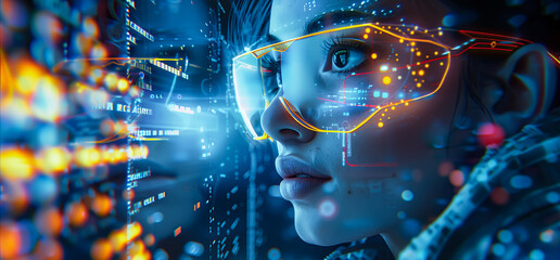 A woman wears digital glasses and gazes at a holographic display. Futuristic technology and innovation. Generative AI.
