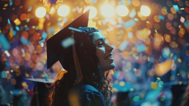 Graduation celebration at the university. Graduation caps thrown into the air