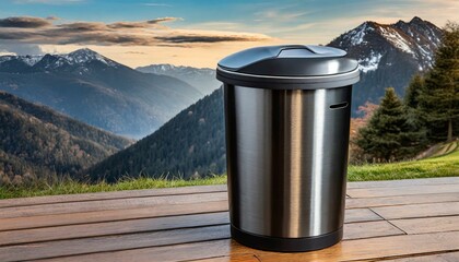 a sleek and modern Eko dust bin with a stainless steel exterior and fingerprint-resistant coating. The composition should feature a foot pedal for hands-free operation - obrazy, fototapety, plakaty