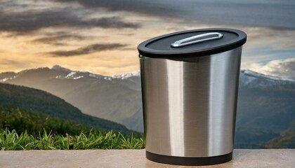 trash can.a sleek and modern Eko dust bin with a stainless steel exterior and fingerprint-resistant coating. The composition should feature a foot pedal for hands-free operation - obrazy, fototapety, plakaty