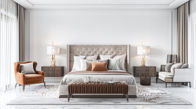 Modern cozy bedroom interior in luxury home.