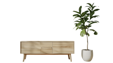 Modern wooden cabinet for decorative items on transparent background.